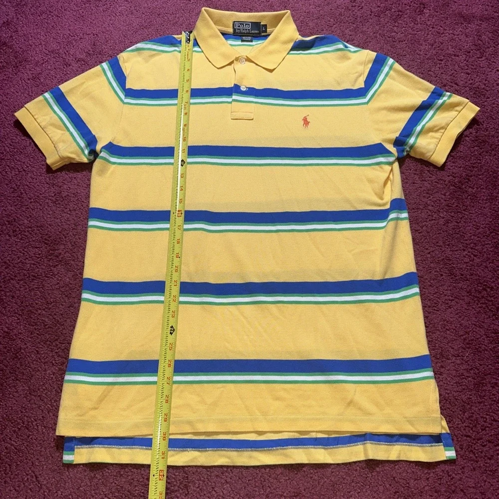 Ralph Lauren Polo Shirt Men L Yellow Blue Green Striped Short Sleeve Rugby